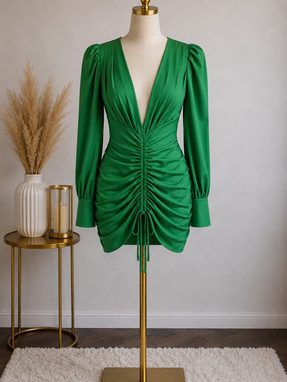 Green Ruched V-Neck Women's Dress